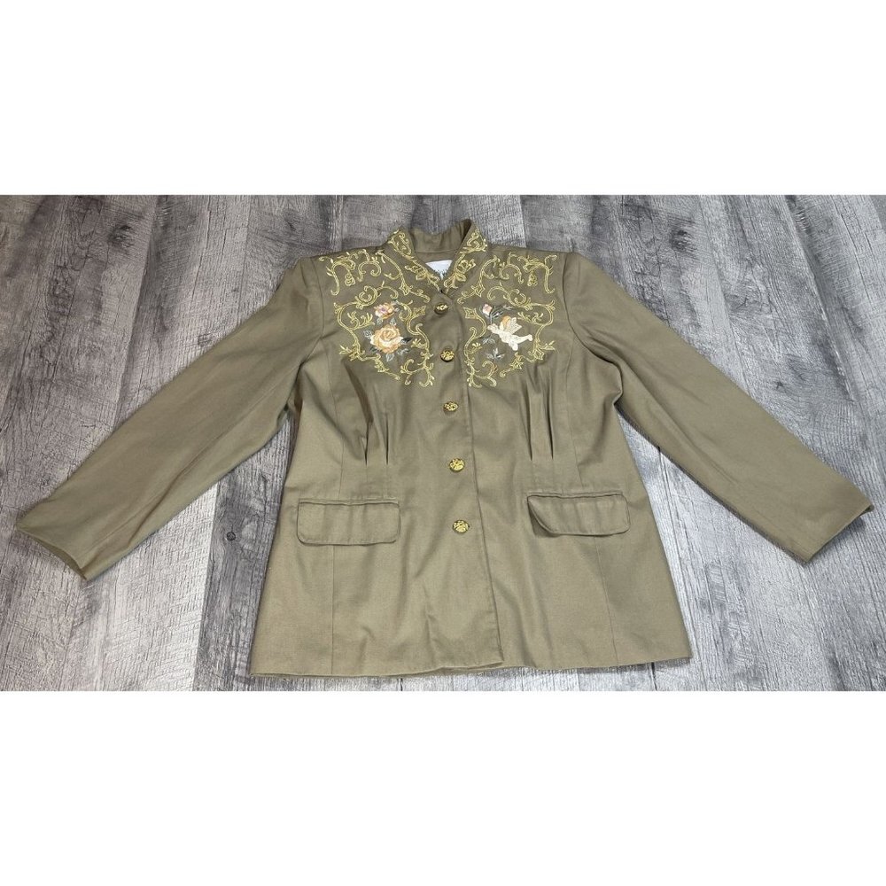 Vintage Together Jacket Womens 14 Tan Blazer Gold Brocade Trim  Mock Lined‎ 80s